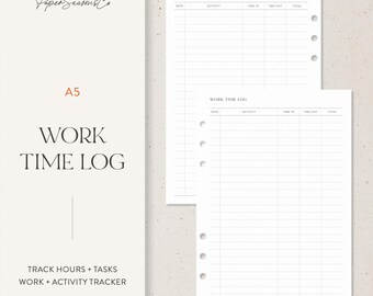 May include: A5 size work time log sheets. The sheets are white with a grid layout for tracking hours and tasks. The text "WORK TIME LOG" is displayed in a bold, elegant font. The sheets are designed to track work and activity.