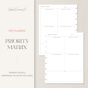 Puede incluir: Páginas de planificador blancas con un diseño de matriz de prioridades. Las páginas tienen las palabras "Priority Matrix" y "HP Classic" impresas. El diseño incluye secciones para detalles primarios, emergencias y notas, ideal para organizar tareas.