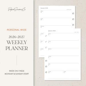 May include: A white weekly planner with a minimalist design. The planner includes the text "Personal Wide 2026-2027 Weekly Planner" and "Week on 1 Page Monday & Sunday Start". The pages are undated and have a simple layout.