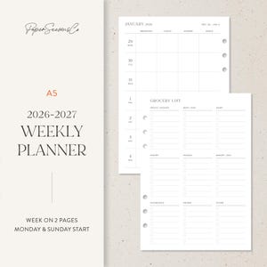 Peut inclure: Un agenda hebdomadaire A5 au design minimaliste. L'agenda comprend un calendrier pour janvier 2026 et une liste de courses. La couverture présente le texte "2026-2027 Weekly Planner" et "Week on 2 Pages Monday & Sunday Start".