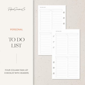 May include: White to-do list planner inserts with a four-column task list and headers. The text "TO DO LIST" is at the top of the page. The words "PERSONAL" and "TO DO LIST" are printed on the left side of the page.