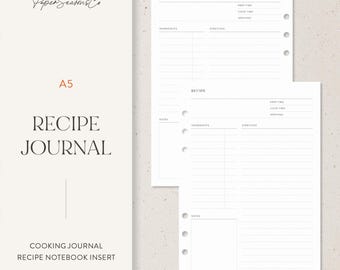 May include: A white A5 recipe journal insert with the words "Recipe Journal" and "Cooking Journal Recipe Notebook Insert". The insert features space for recipes, ingredients, and directions. The design is minimalist and modern, with a clean aesthetic.