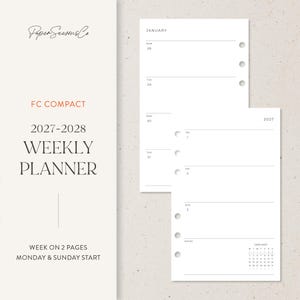Peut inclure: Un insert d'agenda hebdomadaire 2027-2028 pour classeur compact, présentant une mise en page sur deux pages avec des options de début le lundi et le dimanche. Les pages blanches incluent des lignes horizontales et un calendrier.