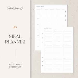 May include: A5 meal planner and grocery list on white paper. The planner includes sections for weekly meals and a grocery list with categories for fruits, vegetables, meat, fish, and dairy. The text "Paper Seasons Co" is at the top.
