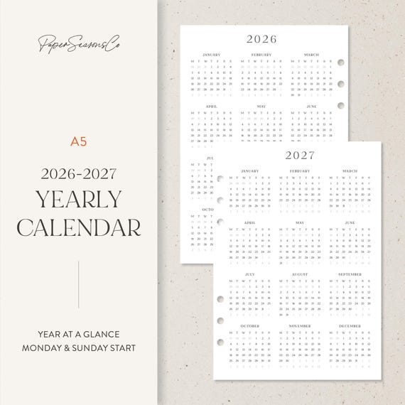 A5 | 2026-2027 Yearly Calendar Inserts, Minimal Layout with Full Year Overview