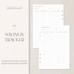 May include: A5 savings tracker planner with the text "Savings Tracker" in a serif font. The planner includes sections for date, amount, and balance. The words "Money Saving Goal Tracker" and "Budget and Savings Planner" are also visible.