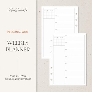 May include: Two white weekly planner pages with a grid layout for each day of the week. The left page has the text "Paper Seasons Co", "Personal Wide", "Weekly Planner", and "Week on 1 Page Monday & Sunday Start".