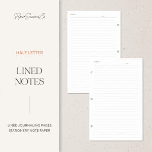 May include: White lined note paper with the words "HALF LETTER" and "LINED NOTES" printed on the left side. The note paper has three holes for binding and the words "NOTES" and "DATE" printed at the top.