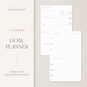 Puede incluir: Un planificador de objetivos minimalista de dos páginas. La página izquierda muestra el texto "FC COMPACT GOAL PLANNER" y "2-PAGE LAYOUT PLAN & REFLECT IN DETAIL." La página derecha es un planificador de objetivos con secciones para metas, pasos y fechas.