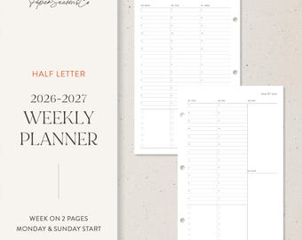 Half Letter | 2026-2027 Weekly Planner Printable, Two Page Weekly with Time Blocks