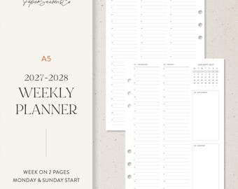 May include: A5 2027-2028 weekly planner refill pages with a week on two pages layout. The white paper features black text, Monday through Sunday headers, hourly time slots, and a January 2027 calendar. The pages have three-hole punches.