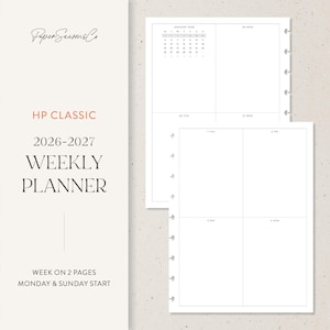 Op de afbeelding: Een witte weekplanner met een minimalistisch ontwerp. De planner bevat een kalender voor januari 2026 en ruimte voor dagelijkse planning. De tekst "HP CLASSIC 2026-2027 WEEKLY PLANNER" staat aan de linkerkant.