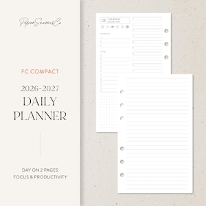 May include: A white daily planner with the text "FC Compact 2026-2027 Daily Planner" and "Day on 2 Pages Focus & Productivity." The planner includes a daily schedule, to-do list, and lined pages.