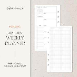 以下が含まれることがあります： グリッドと罫線ページを備えた白い週間プランナーインサート。プランナーには2026年1月のカレンダーとTo-Doリストのセクションが含まれています。「Paper Seasons Co」、「Personal」、「2026-2027 Weekly Planner」というテキストが表示されます。