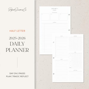 Planificador diario de media carta (2025-2026), diseño de dos páginas para bienestar y tareas