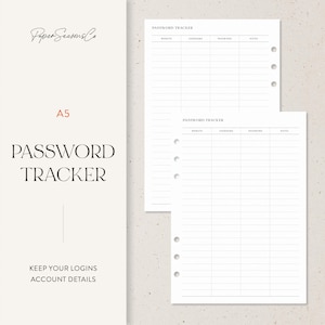 May include: A5 Password Tracker notebook with lined pages for website, username, password, and notes. The cover features the text "Password Tracker" in a serif font, with the words "Keep Your Logins Account Details" below.