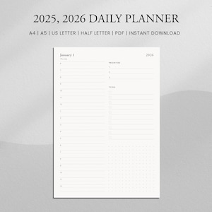 Planificador diario 2025, 2026 / Horario por horas + Lista de tareas / Formatos A4, A5, Carta (EE. UU.), Media carta / Descarga instantánea en PDF