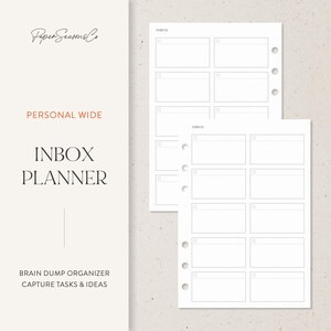 May include: White planner inserts with the text "INBOX PLANNER" and "BRAIN DUMP ORGANIZER CAPTURE TASKS & IDEAS". The inserts have a grid layout with boxes for notes and are designed for a personal wide planner.