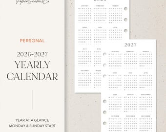 Personal | 2026-2027 Yearly Calendar Inserts, Compact Annual Reference Layout