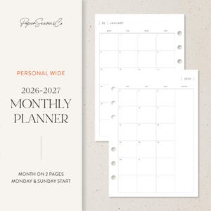 May include: A white monthly planner with a minimalist design. The planner includes a two-page spread for each month, with a Monday and Sunday start. The text "Paper Seasons Co" is at the top left, and "2026-2027 Monthly Planner" is in the center.