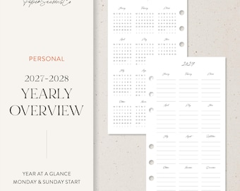 May include: A set of white planner inserts featuring a 2027 yearly calendar overview with monthly grids and a corresponding page with lined sections for each month. The text includes PaperSeasonsCo, PERSONAL, 2027-2028 YEARLY OVERVIEW, and YEAR AT A GLANCE.