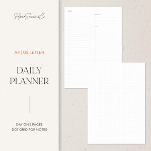 May include: Two white daily planner pages with a dot grid for notes. The planner includes sections for date, priorities, and to-do lists. The text "Paper Seasons Co," "A4 | US LETTER," and "DAILY PLANNER" are visible.