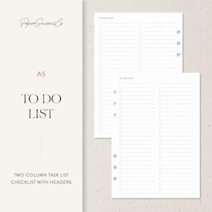 Può includere: Lista di controllo dell'elenco delle attività a due colonne con intestazioni. La carta in formato A5 riporta le parole "TO DO LIST". La carta ha una serie di caselle e linee per la scrittura. Le parole "Paper Seasons Co" sono stampate in alto.