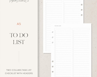 Op de afbeelding: Twee-koloms takenlijst checklist met koppen. Het A5-papier heeft de woorden "TO DO LIST" erop gedrukt. Het papier heeft een reeks vakjes en lijnen om op te schrijven. De woorden "Paper Seasons Co" staan bovenaan.
