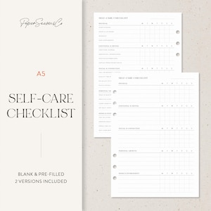 Puede incluir: Una lista de verificación de autocuidado con el texto "SELF-CARE CHECKLIST". La lista de verificación incluye secciones para física, emocional, social, crecimiento personal y hogar y medio ambiente. Se incluyen dos versiones: en blanco y prellenada.