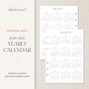 May include: A yearly calendar for 2026-2027, with a Monday and Sunday start. The calendar is labeled "Personal Wide" and features a clean, minimalist design with months and dates clearly displayed. The text "Paper Seasons Co" is at the top.