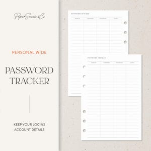 Può includere: Fogli bianchi per il monitoraggio delle password con un layout a griglia per sito web, nome utente, password e note. Il testo "PASSWORD TRACKER" è stampato nella parte superiore di ogni foglio. Le parole "PERSONAL WIDE" e "PASSWORD TRACKER" sono stampate a sinistra.