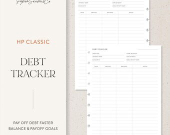Könnte beinhalten: Ein weißer HP Classic Debt Tracker-Planer mit minimalistischem Design. Der Planer enthält Abschnitte zur Verfolgung von Schulden, Zinssätzen und Zahlungsterminen. Der Text "Schulden schneller tilgen, Gleichgewichts- und Tilgungsziele" ist ebenfalls sichtbar.