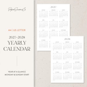 Puede incluir: Un calendario anual 2027-2028 en papel blanco con texto negro. El panel izquierdo muestra PaperSeasonsCo, A4 | US Letter, 2027-2028 YEARLY CALENDAR, YEAR AT A GLANCE, MONDAY & SUNDAY START. Dos hojas de calendario muestran las cuadrículas.