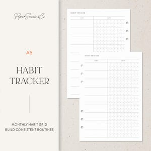 Puede incluir: Insertos de planificador de seguimiento de hábitos A5 con un diseño minimalista. Las páginas blancas presentan un diseño de cuadrícula para rastrear hábitos, con espacio para fechas y nombres de hábitos. El texto "HABIT TRACKER" se muestra en negrita.