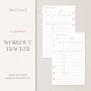 May include: White workout tracker pages with a minimalist design. The pages include sections for tracking cardio, exercise sets, and reps. Text on the page includes "Workout Tracker", "Track Sets & Reps", and "Cardio & Strength Log".