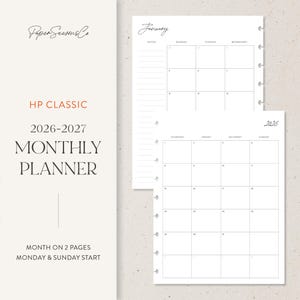 May include: A white monthly planner with a minimalist design. The planner includes a calendar layout for January 2026, with space for notes. The cover displays the text "HP CLASSIC 2026-2027 MONTHLY PLANNER". The planner is designed with a Monday and Sunday start.