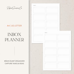 May include: A white inbox planner with a minimalist design. The planner includes sections for tasks and ideas, with the text "INBOX PLANNER" and "BRAIN DUMP ORGANIZER CAPTURE TASKS & IDEAS". The planner is available in A4 and US Letter sizes.