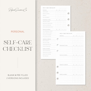 Puede incluir: Dos insertos de lista de verificación de autocuidado blancos con un diseño minimalista. El inserto izquierdo presenta el texto "Personal Self-Care Checklist" y "Blank & Pre-filled 2 Versions Included." El inserto derecho es una lista de verificación detallada.