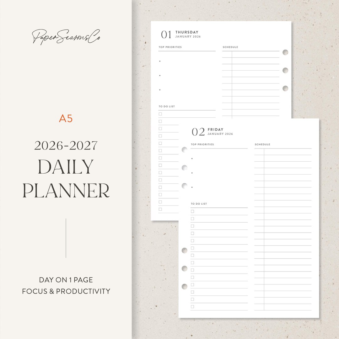 A5 | 2026-2027 Daily Agenda Insert, One Page per Day, Planner Printable ...