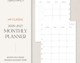 Calendario HP Classic 2026 y 2027 MO2P con diseño minimalista de mes en dos páginas y planificador imprimible con fecha.