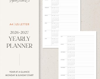 A4, US Letter | 2026–2027 Minimal Yearly Planner Refill Year Plan