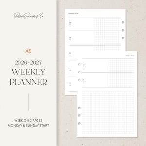 May include: A5 weekly planner inserts with a grid layout. The pages are white with black grid lines and text. The text includes "2026-2027 WEEKLY PLANNER" and "WEEK ON 2 PAGES MONDAY & SUNDAY START". The planner has a Paper Seasons Co logo.