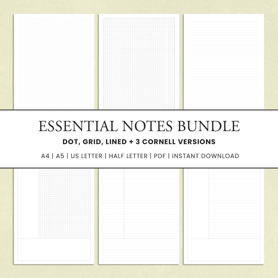 Essential Notes Bundle | Dot, Grid, Lined + 3 Cornell Templates | A4 A5 ...