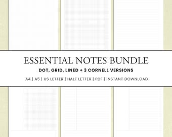 Essential Notes Bundle | Dot, Grid, Lined + 3 Cornell Templates | A4 A5 US Letter Half Letter | Printable PDF Download