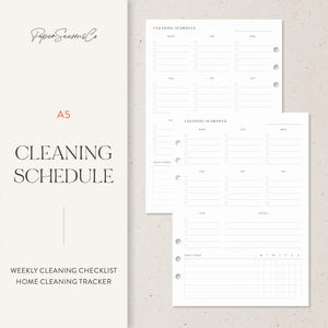 May include: A5-sized cleaning schedule planner pages. The pages are white with a minimalist design. The words "CLEANING SCHEDULE" are prominently displayed. Includes a weekly cleaning checklist and home cleaning tracker.