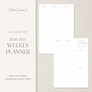 May include: A minimalist weekly planner with a white background. The cover displays the text "Paper Seasons Co," "A4 | US LETTER," and "2026-2027 WEEKLY PLANNER." The planner has a week-on-two-pages layout, starting on Monday and Sunday. The pages are white with black text.