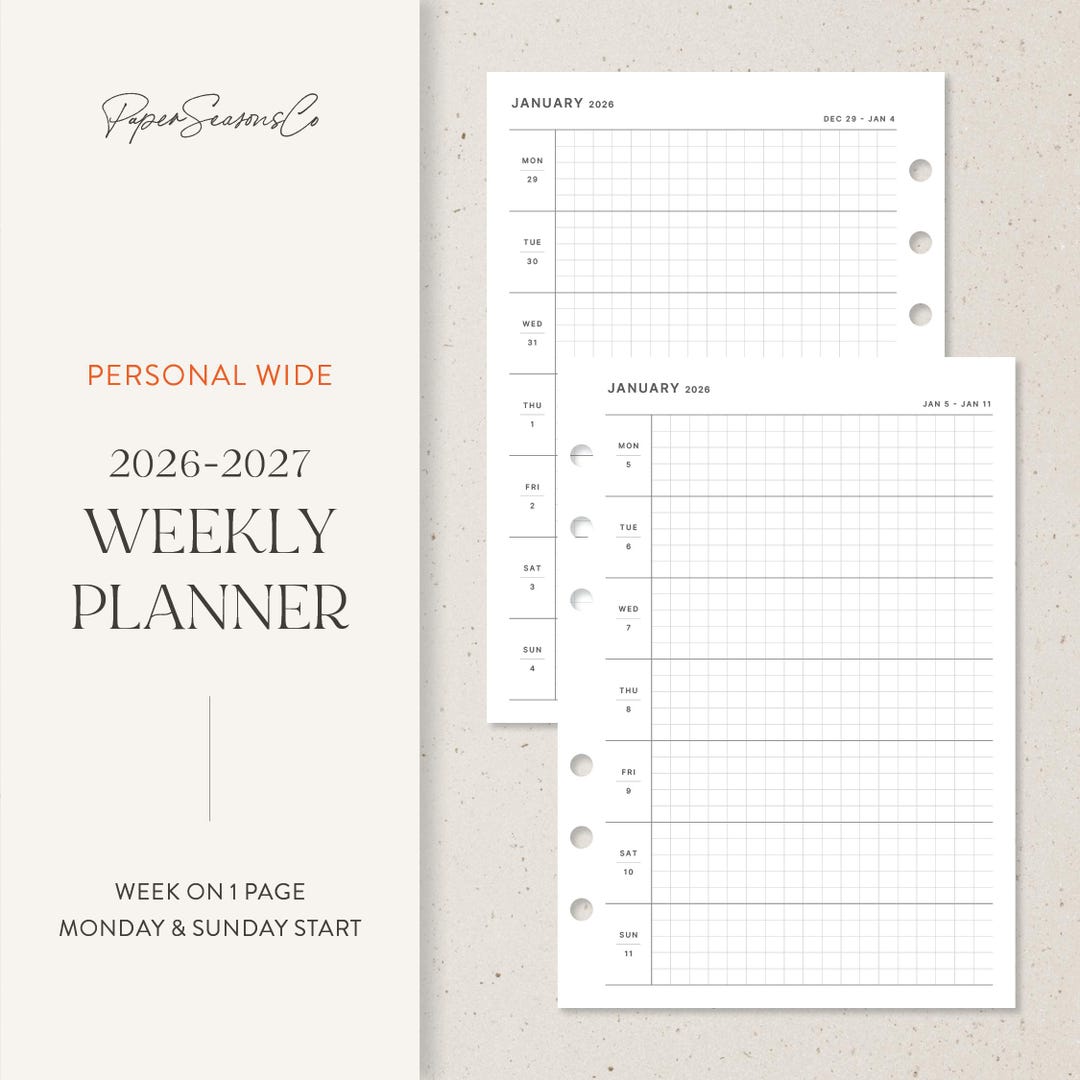 Personal Wide | 2026-2027 Weekly Planner Insert | Week on One Page - Etsy