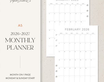Agenda mensual A5/2026-2027, una página por mes, vista de calendario clara