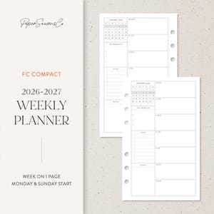 May include: A white weekly planner with the text "Paper Seasons Co," "FC Compact," "2026-2027 Weekly Planner," and "Week on 1 Page Monday & Sunday Start." The planner pages have a calendar and space for notes and to-do lists.