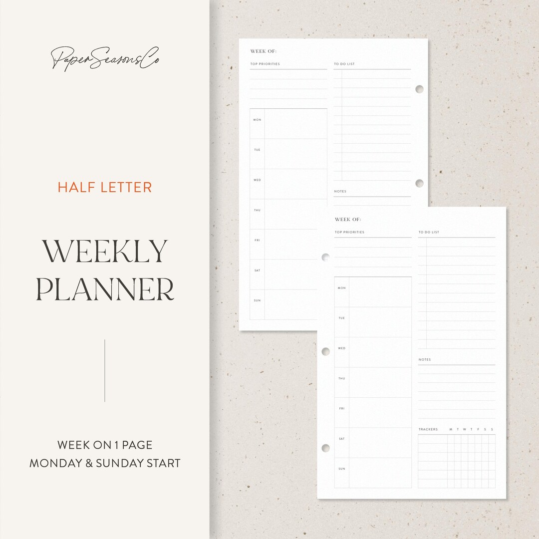 Half Letter | Undated Weekly Planner Insert, Week on One Page With ...